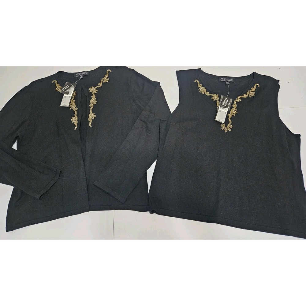 Kasper & Company ASL Womens Black Two-Piece Gold Beaded Twin Set XLarge